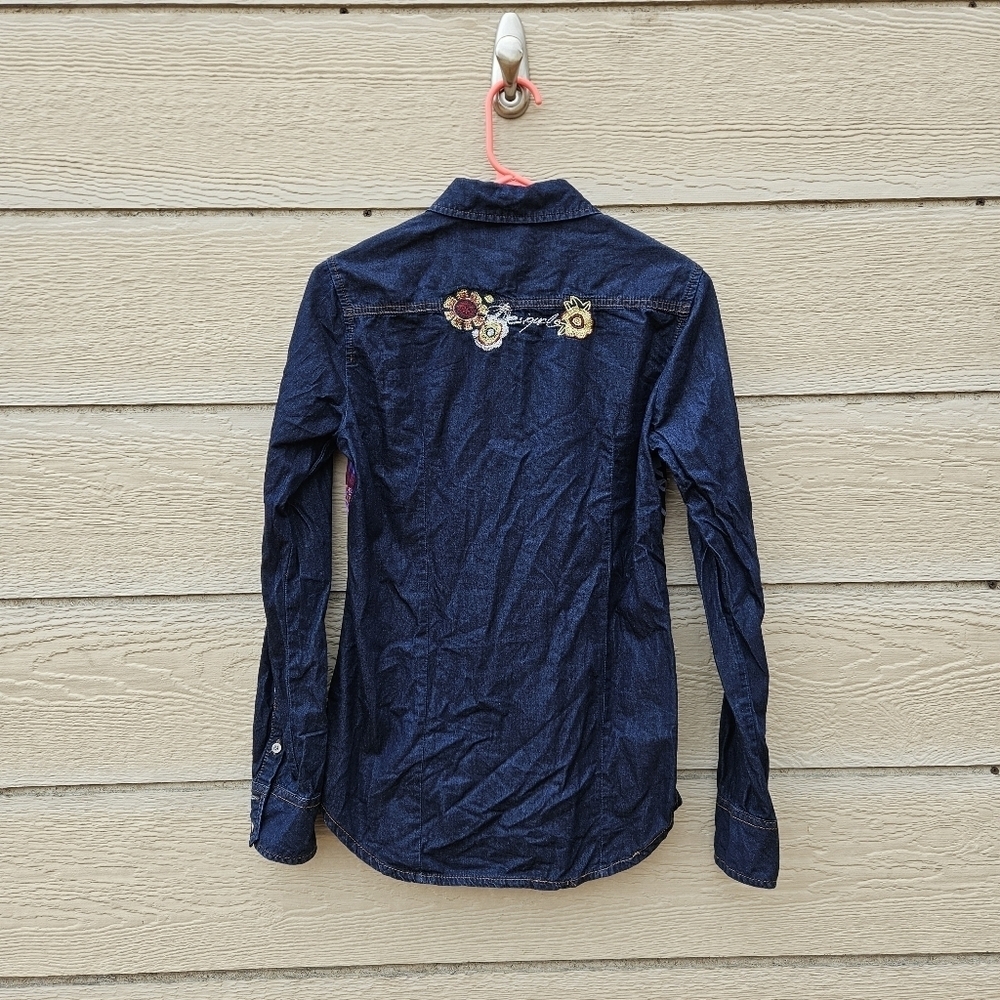Desigual mixed media button front shirt dark chambray patterned size medium - Picture 2 of 9